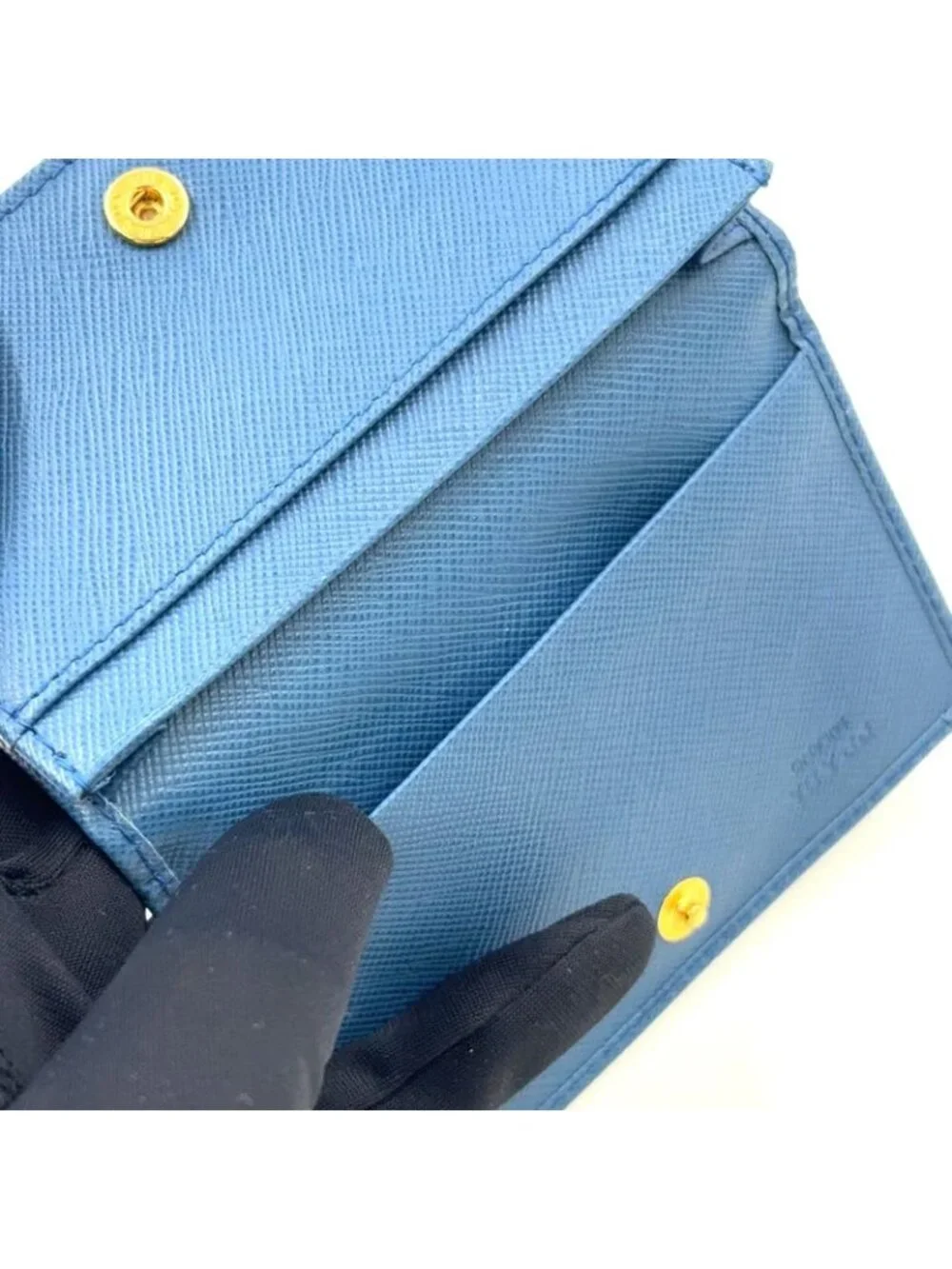 Prada Saffiano Metal Logo Leather Blue Card Case Gold - Picture 12 of 13